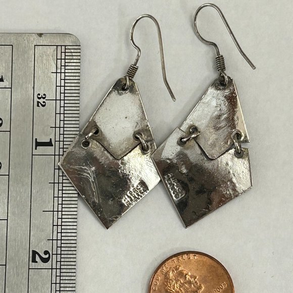 Vintage Silver Alpaca Mexican Long Blue Crushed Stone Inlay Long Earrings - Picture 3 of 6